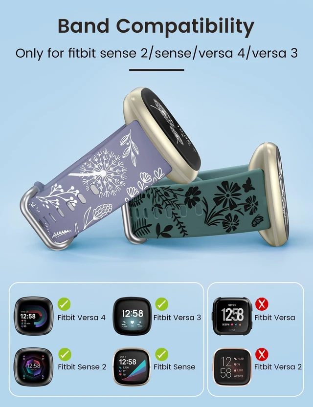 Alt view image 3 of 6 - 2 Packs Floral Engraved Band Compatible with Fitbit Versa 4 Bands Versa 3 4 Bands/Sense 2/Sense Bands Women, Cute Two-Tone Flower Soft Silicone Sport Strap for Versa 3 4 Sense 2 Watch Band