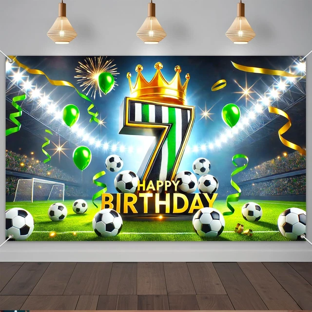 Main image of Soccer 7th Birthday Banner 71x43 Inch Black Green Crown Football Soccer 7th Birthday Black Green Crown Football design for birthday party wall display and photo booth celebration decor