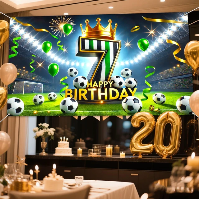 Alt view image 4 of 6 - Soccer 7th Birthday Banner 71x43 Inch Black Green Crown Football Soccer 7th Birthday Black Green Crown Football design for birthday party wall display and photo booth celebration decor