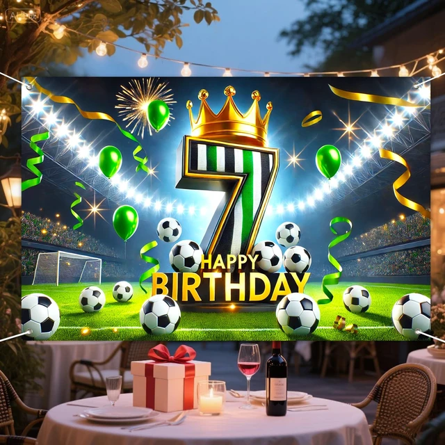 Alt view image 2 of 6 - Soccer 7th Birthday Banner 71x43 Inch Black Green Crown Football Soccer 7th Birthday Black Green Crown Football design for birthday party wall display and photo booth celebration decor