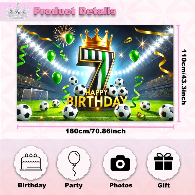 Alt view image 3 of 6 - Soccer 7th Birthday Banner 71x43 Inch Black Green Crown Football Soccer 7th Birthday Black Green Crown Football design for birthday party wall display and photo booth celebration decor