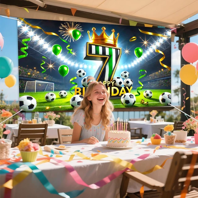 Alt view image 5 of 6 - Soccer 7th Birthday Banner 71x43 Inch Black Green Crown Football Soccer 7th Birthday Black Green Crown Football design for birthday party wall display and photo booth celebration decor