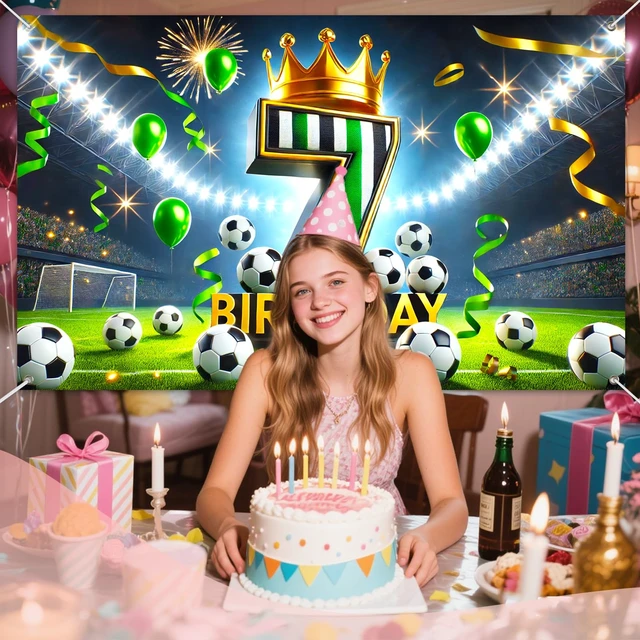 Alt view image 6 of 6 - Soccer 7th Birthday Banner 71x43 Inch Black Green Crown Football Soccer 7th Birthday Black Green Crown Football design for birthday party wall display and photo booth celebration decor