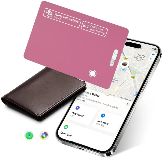 Main image of Wallet Tracker Card for iOS & Android, Smart Tracking for Wallet/Bag (Pink) IP67 Waterproof Rechargeable, 160ft Range, Tracking Card, Anti-Lost Locator for Luggage Backpack Travel, Wireless Charging