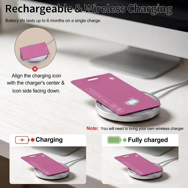 Alt view image 6 of 7 - Wallet Tracker Card for iOS & Android, Smart Tracking for Wallet/Bag (Pink) IP67 Waterproof Rechargeable, 160ft Range, Tracking Card, Anti-Lost Locator for Luggage Backpack Travel, Wireless Charging
