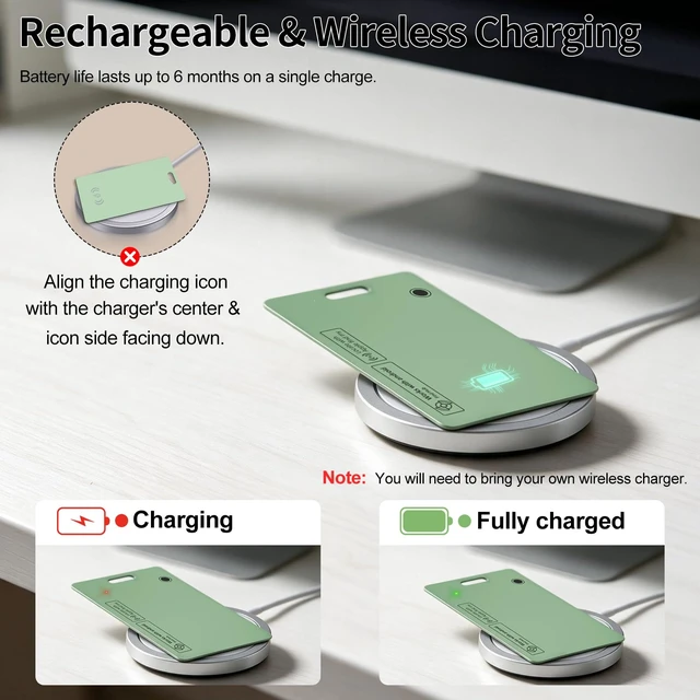 Alt view image 6 of 7 - Wallet Tracker Card for Apple & Android, Card Tracker for Wallet - Green IP67 Waterproof Rechargeable, 160ft Range, Tracking Card, Anti-Lost Locator for Luggage Backpack Travel, Wireless Charging
