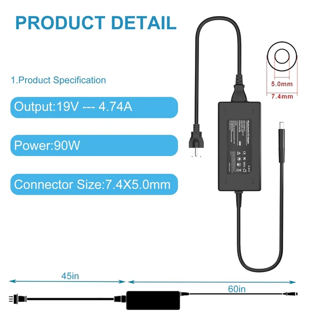 Alt view image 7 of 7 - 90W AC Adapter Compatible with HP All-in-One Desktop Power Supply for ProDesk 260 400 600 405 G1-G6, for EliteDesk 705 800 805 G1-G6, for HP Pavilion Computer 18'' 19'' 20" 21" 22'' 24" 27"