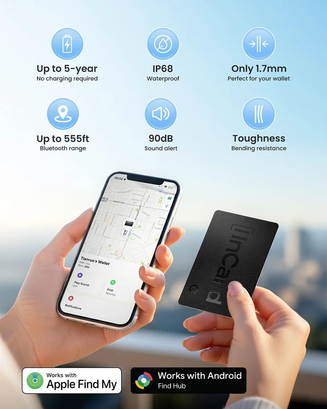 Alt view image 3 of 7 - Incard Wallet Tracker Card,Certified by Apple Find My & Gooles Find Hub Bluetooth Tracker, 1.7mm Wallet Finder, IP68 Waterproof Smart Card,5 Years Battery Life Item Finder for Passport-1PCS