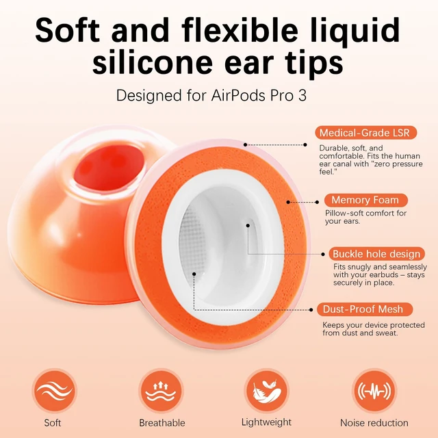 Alt view image 2 of 7 - Liquid Silicone Rubber&Memory Foam Hybrid Ear Tips for AirPods Pro 3 Anti-Slip Secure Fit, Enhanced Bass, Noise Cancellation, Fits Charging Case, Built-in dust Guard Screen,1 Pair, Orange Medium