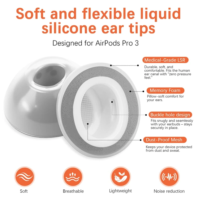 Alt view image 2 of 7 - Liquid Silicone Rubber&Memory Foam Hybrid Ear Tips for AirPods Pro 3 Anti-Slip Secure Fit, Enhanced Bass, Noise Cancellation, Fits Charging Case, Built-in dust Guard Screen, 1 Pair, Grey Medium