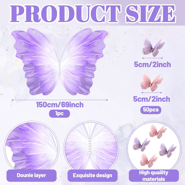 Alt view image 2 of 6 - 51 Pcs Large Christmas Butterfly Decorations, Gradient Purple 2'' 60'' Christmas Party Backdrop, Giant Mariposas Grandes Para Decoracion, Xmas Decor, 3D Gauze Butterfly Backdrop