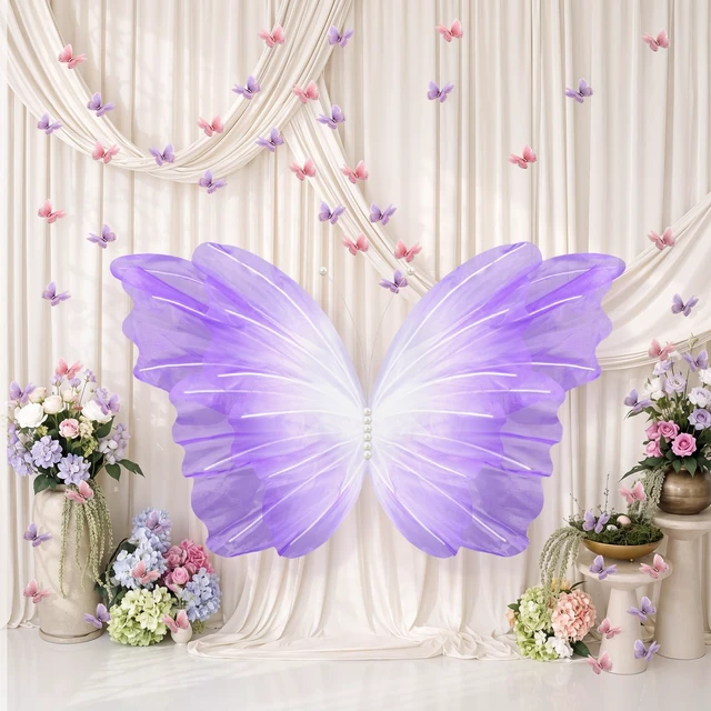 Alt view image 4 of 6 - 51 Pcs Large Christmas Butterfly Decorations, Gradient Purple 2'' 60'' Christmas Party Backdrop, Giant Mariposas Grandes Para Decoracion, Xmas Decor, 3D Gauze Butterfly Backdrop