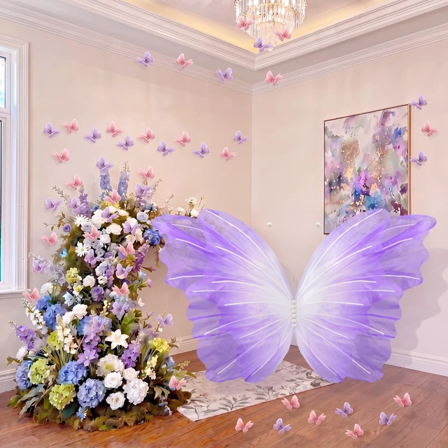 Alt view image 6 of 6 - 51 Pcs Large Christmas Butterfly Decorations, Gradient Purple 2'' 60'' Christmas Party Backdrop, Giant Mariposas Grandes Para Decoracion, Xmas Decor, 3D Gauze Butterfly Backdrop