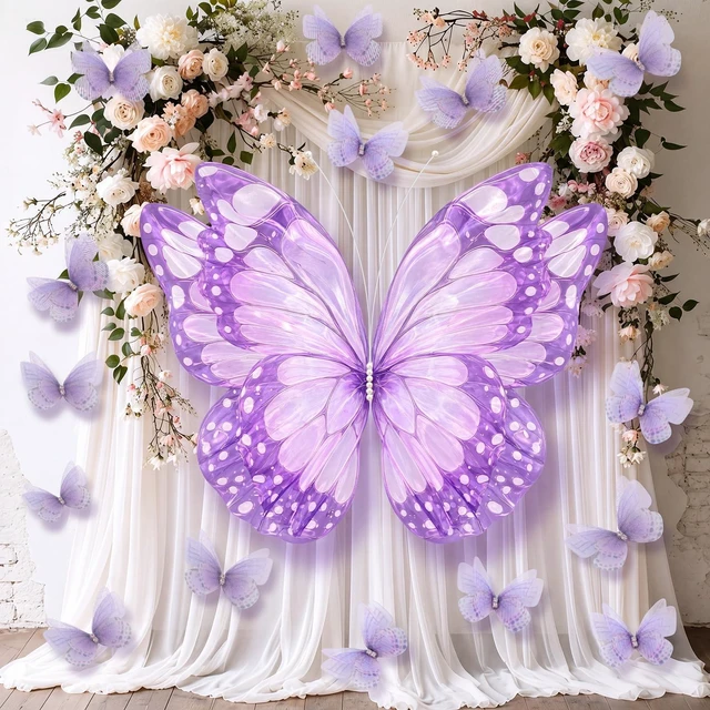 Main image of 51 Pcs Large Christmas Butterfly Decorations, Purple Gold 2'' 60'' Christmas Party Backdrop, Giant Mariposas Grandes Para Decoracion, Xmas Decor, 3D Gauze Butterfly Backdrop
