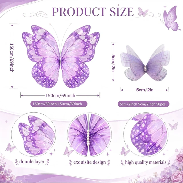 Alt view image 2 of 6 - 51 Pcs Large Christmas Butterfly Decorations, Purple Gold 2'' 60'' Christmas Party Backdrop, Giant Mariposas Grandes Para Decoracion, Xmas Decor, 3D Gauze Butterfly Backdrop