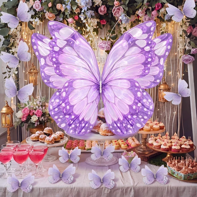 Alt view image 3 of 6 - 51 Pcs Large Christmas Butterfly Decorations, Purple Gold 2'' 60'' Christmas Party Backdrop, Giant Mariposas Grandes Para Decoracion, Xmas Decor, 3D Gauze Butterfly Backdrop