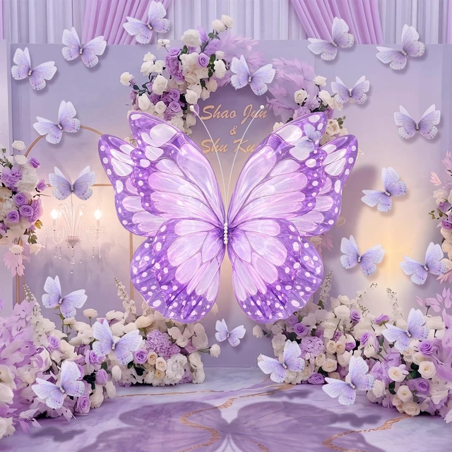 Alt view image 4 of 6 - 51 Pcs Large Christmas Butterfly Decorations, Purple Gold 2'' 60'' Christmas Party Backdrop, Giant Mariposas Grandes Para Decoracion, Xmas Decor, 3D Gauze Butterfly Backdrop