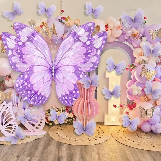 Alt view image 5 of 6 - 51 Pcs Large Christmas Butterfly Decorations, Purple Gold 2'' 60'' Christmas Party Backdrop, Giant Mariposas Grandes Para Decoracion, Xmas Decor, 3D Gauze Butterfly Backdrop