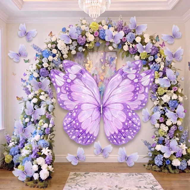 Alt view image 6 of 6 - 51 Pcs Large Christmas Butterfly Decorations, Purple Gold 2'' 60'' Christmas Party Backdrop, Giant Mariposas Grandes Para Decoracion, Xmas Decor, 3D Gauze Butterfly Backdrop