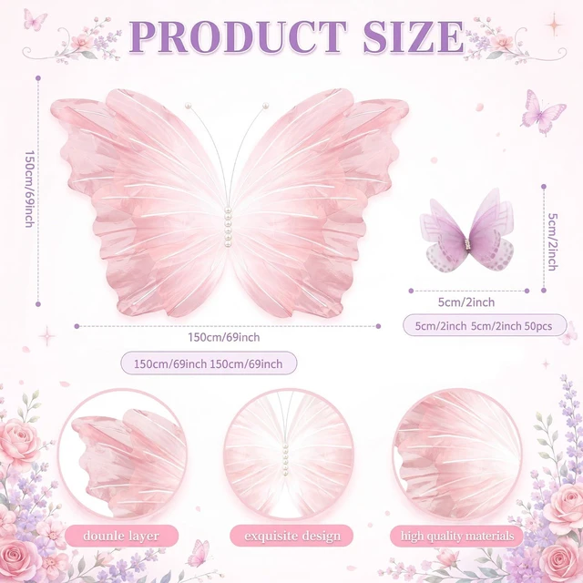 Alt view image 2 of 6 - 51 Pcs Large Christmas Butterfly Decorations, Gradient Pink 2'' 60'' Christmas Party Backdrop, Giant Mariposas Grandes Para Decoracion, Xmas Decor, 3D Gauze Butterfly Backdrop