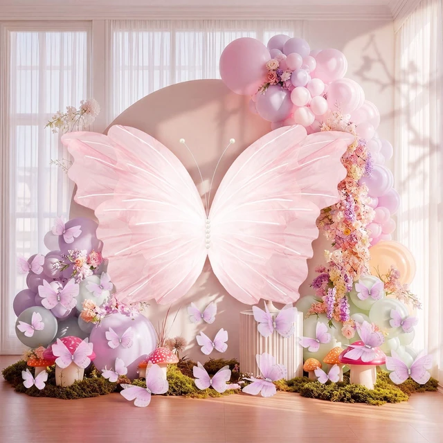 Alt view image 4 of 6 - 51 Pcs Large Christmas Butterfly Decorations, Gradient Pink 2'' 60'' Christmas Party Backdrop, Giant Mariposas Grandes Para Decoracion, Xmas Decor, 3D Gauze Butterfly Backdrop