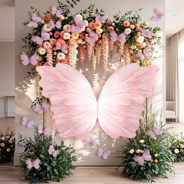 Alt view image 6 of 6 - 51 Pcs Large Christmas Butterfly Decorations, Gradient Pink 2'' 60'' Christmas Party Backdrop, Giant Mariposas Grandes Para Decoracion, Xmas Decor, 3D Gauze Butterfly Backdrop