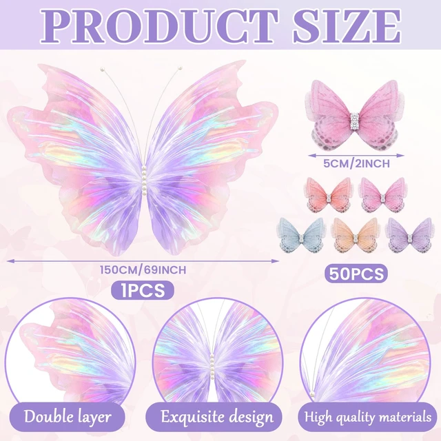 Alt view image 2 of 6 - 51 Pcs Large Christmas Butterfly Decorations, Iridescent PinkPurple 2'' 60'' Christmas Party Backdrop, Giant Mariposas Grandes Para Decoracion, Xmas Decor, 3D Gauze Butterfly Backdrop