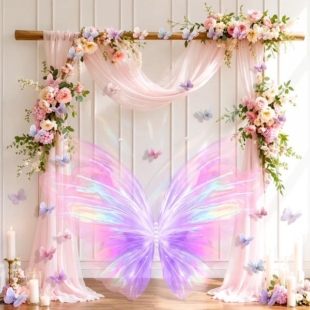 Alt view image 3 of 6 - 51 Pcs Large Christmas Butterfly Decorations, Iridescent PinkPurple 2'' 60'' Christmas Party Backdrop, Giant Mariposas Grandes Para Decoracion, Xmas Decor, 3D Gauze Butterfly Backdrop