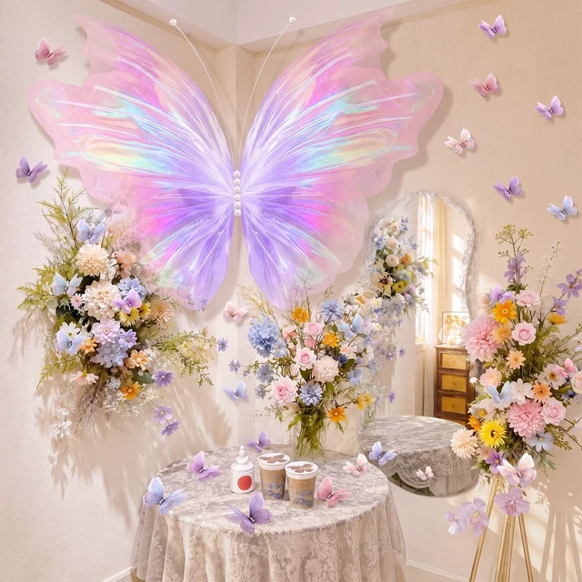 Alt view image 4 of 6 - 51 Pcs Large Christmas Butterfly Decorations, Iridescent PinkPurple 2'' 60'' Christmas Party Backdrop, Giant Mariposas Grandes Para Decoracion, Xmas Decor, 3D Gauze Butterfly Backdrop