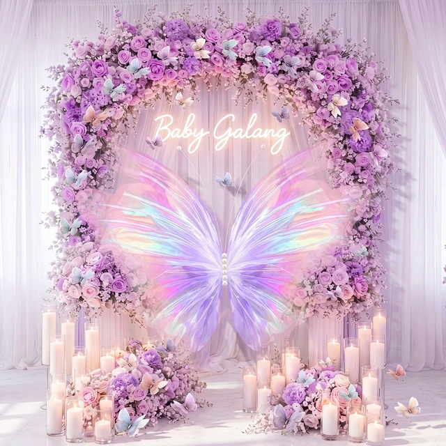 Alt view image 5 of 6 - 51 Pcs Large Christmas Butterfly Decorations, Iridescent PinkPurple 2'' 60'' Christmas Party Backdrop, Giant Mariposas Grandes Para Decoracion, Xmas Decor, 3D Gauze Butterfly Backdrop