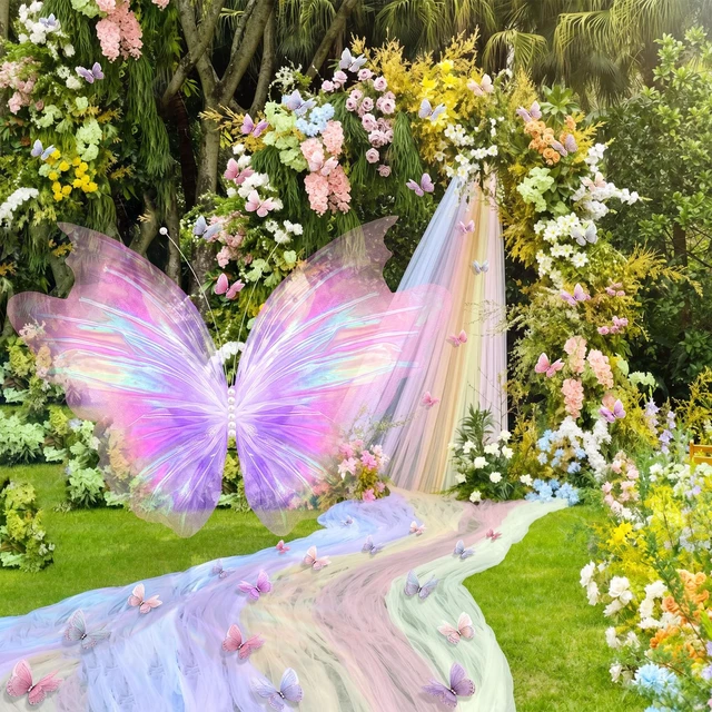 Alt view image 6 of 6 - 51 Pcs Large Christmas Butterfly Decorations, Iridescent PinkPurple 2'' 60'' Christmas Party Backdrop, Giant Mariposas Grandes Para Decoracion, Xmas Decor, 3D Gauze Butterfly Backdrop