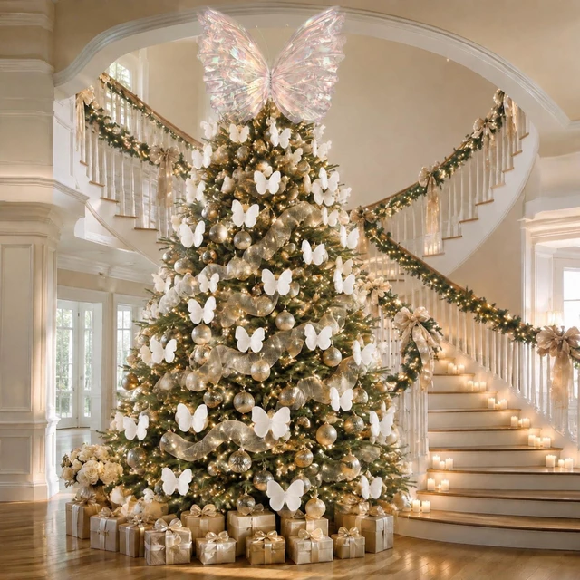 Main image of 51 Pcs Large Christmas Butterfly Decorations, White 2'' 60'' Christmas Party Backdrop, Giant Mariposas Grandes Para Decoracion, Xmas Decor, 3D Gauze Butterfly Backdrop