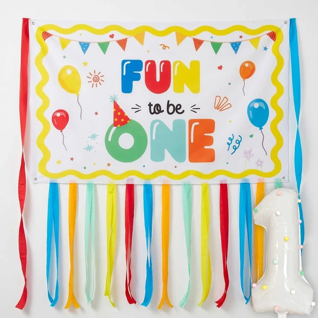 Main image of Fun to Be One 1st Birthday Decorations Streamers Banner Set Rainbow 1st Birthday Banner, Foil Fringe Curtains, Crepe Paper Streamers, Pompom Number One Balloon Kit