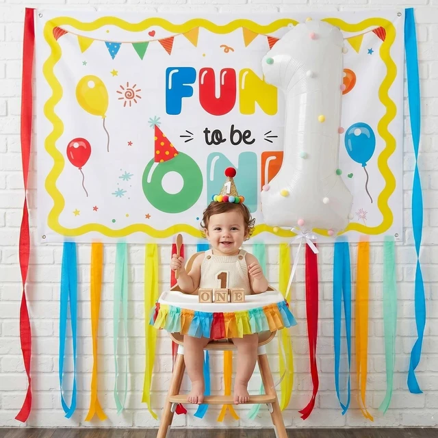 Alt view image 2 of 7 - Fun to Be One 1st Birthday Decorations Streamers Banner Set Rainbow 1st Birthday Banner, Foil Fringe Curtains, Crepe Paper Streamers, Pompom Number One Balloon Kit