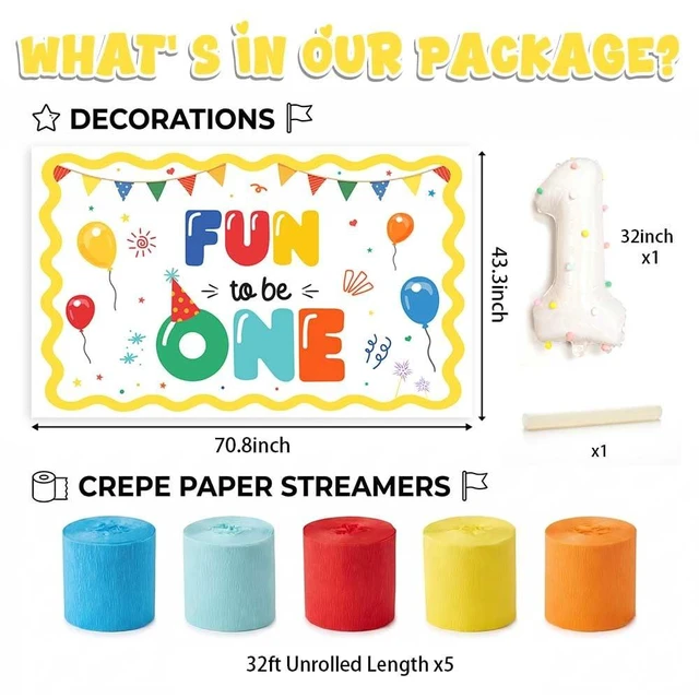 Alt view image 4 of 7 - Fun to Be One 1st Birthday Decorations Streamers Banner Set Rainbow 1st Birthday Banner, Foil Fringe Curtains, Crepe Paper Streamers, Pompom Number One Balloon Kit