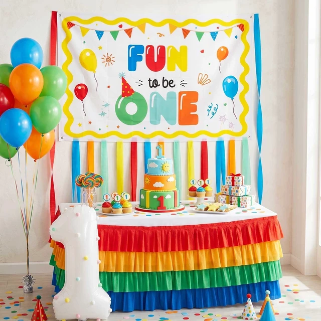 Alt view image 6 of 7 - Fun to Be One 1st Birthday Decorations Streamers Banner Set Rainbow 1st Birthday Banner, Foil Fringe Curtains, Crepe Paper Streamers, Pompom Number One Balloon Kit