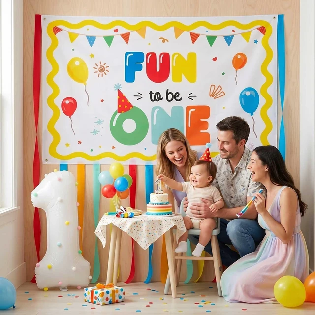 Alt view image 5 of 7 - Fun to Be One 1st Birthday Decorations Streamers Banner Set Rainbow 1st Birthday Banner, Foil Fringe Curtains, Crepe Paper Streamers, Pompom Number One Balloon Kit