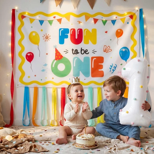 Alt view image 7 of 7 - Fun to Be One 1st Birthday Decorations Streamers Banner Set Rainbow 1st Birthday Banner, Foil Fringe Curtains, Crepe Paper Streamers, Pompom Number One Balloon Kit