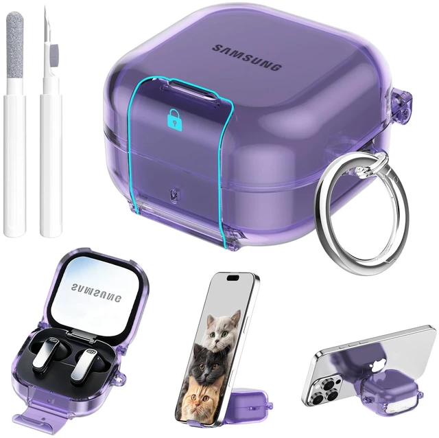 Main image of Secure Lock for Samsung Galaxy Buds 4 Pro Case/Galaxy Buds 4 Case Clear,Shockproof for Samsung Galaxy Bud 4/4 Pro Cover with Phone Stand,Soft TPU Skin with Carabiner&Cleaning Pen-Purple