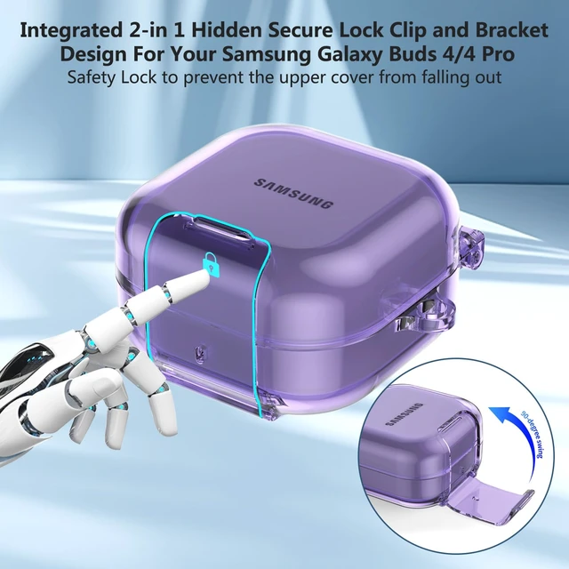 Alt view image 2 of 7 - Secure Lock for Samsung Galaxy Buds 4 Pro Case/Galaxy Buds 4 Case Clear,Shockproof for Samsung Galaxy Bud 4/4 Pro Cover with Phone Stand,Soft TPU Skin with Carabiner&Cleaning Pen-Purple