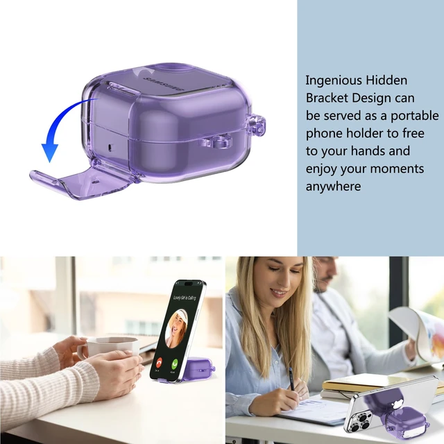 Alt view image 3 of 7 - Secure Lock for Samsung Galaxy Buds 4 Pro Case/Galaxy Buds 4 Case Clear,Shockproof for Samsung Galaxy Bud 4/4 Pro Cover with Phone Stand,Soft TPU Skin with Carabiner&Cleaning Pen-Purple