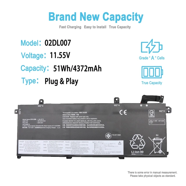 Alt view image 2 of 5 - 51Wh 02DL007 Laptop Battery Replacement for Lenovo ThinkPad T490 T495 T14 P14S P43S Series SB10K97645 L18L3P73 L18C3P72 02DL010 L18C3P71 02DL008 L18M3P73 02DL009 L18M4P74 L18M4P73 L18M4P74 11.55V
