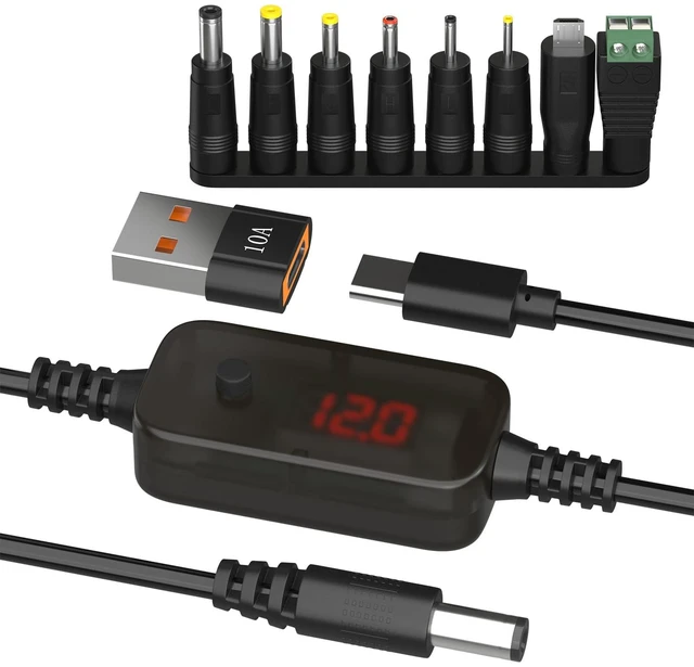 Main image of 2 Pack LED Display USB to 12V Adapter - 3.28FT/1m Step Up Converter DC Voltage Regulator Adjustable 5V/9V/12V/15V/20V Boost Converter with 16pcs DC Plug and 2pcs USB Adapter
