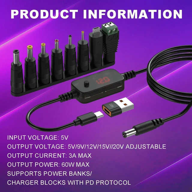 Alt view image 4 of 7 - 2 Pack LED Display USB to 12V Adapter - 3.28FT/1m Step Up Converter DC Voltage Regulator Adjustable 5V/9V/12V/15V/20V Boost Converter with 16pcs DC Plug and 2pcs USB Adapter