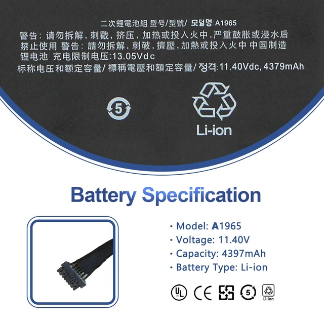 Alt view image 2 of 7 - A1965 A1932 A2179 Battery for MacBook Air 13" Retina (2018 2019 2020) EMC 3184 3302 MRE82 MRE92 MVFH2 MREC2 MWTJ2 MVH22 MVFM2 MREF2 MVFK2 MREE2 MREA2 MUQT2 MUQU2 MacBookAir8,1 8,2 9,1