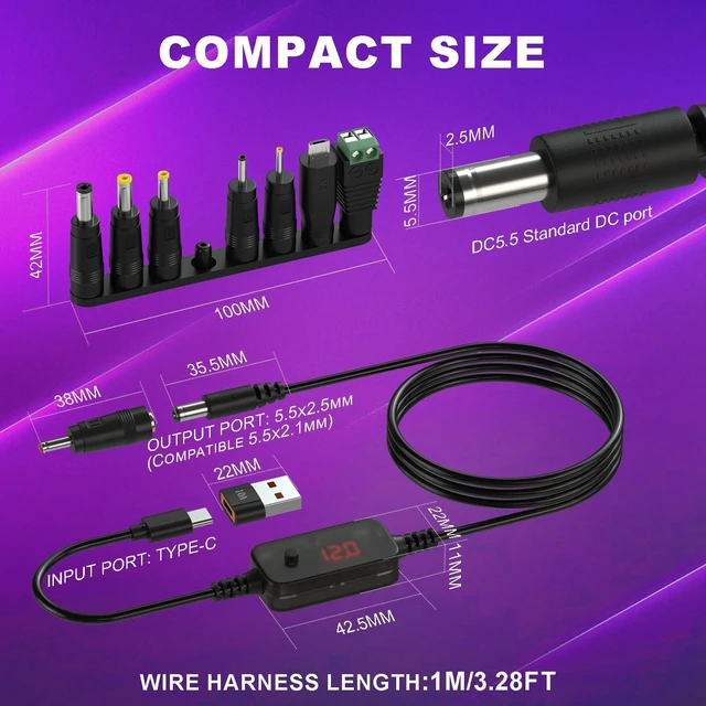 Alt view image 7 of 7 - 2 Pack LED Display USB to 12V Adapter - 3.28FT/1m Step Up Converter DC Voltage Regulator Adjustable 5V/9V/12V/15V/20V Boost Converter with 16pcs DC Plug and 2pcs USB Adapter
