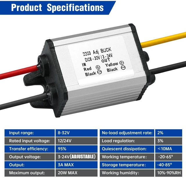 Alt view image 3 of 7 - DC-DC Buck Converter 12/24V to 3-24V 3A 20W Step-Down Voltage Regulator Input 8-32V, Adapter, Power Supply & Transformer for Robotics, Motor, Automotive and Light Strips