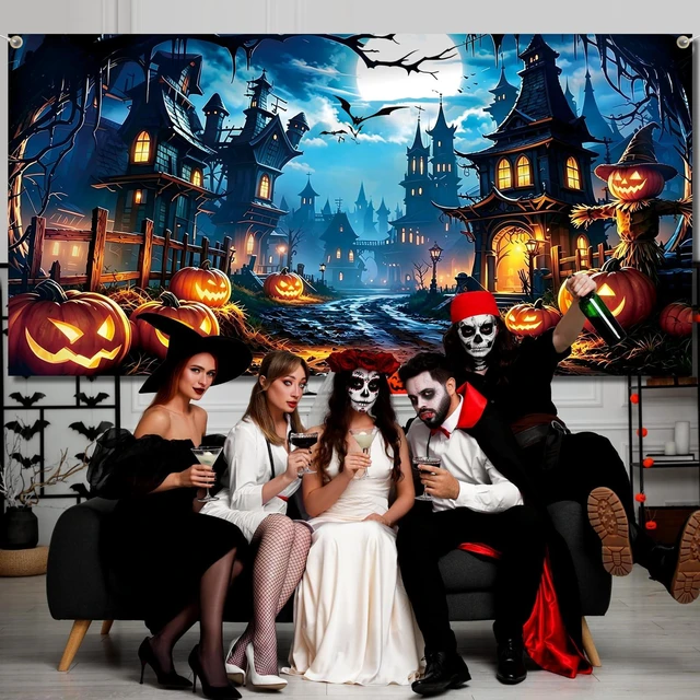 Alt view image 3 of 6 - 6 x 13 FT Halloween Garage Door Cover Banner Large Garage Door Halloween Cover with Haunted House, Pumpkin and Bats, Halloween Decorations for Outdoor Home Yard