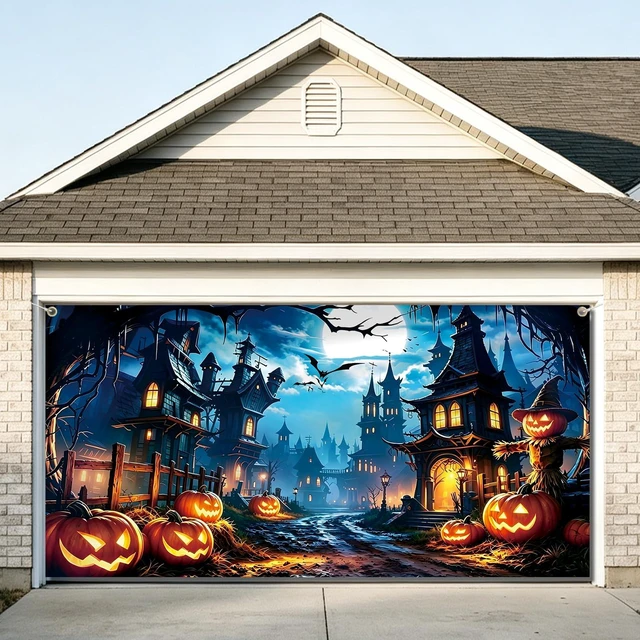 Alt view image 2 of 6 - 6 x 13 FT Halloween Garage Door Cover Banner Large Garage Door Halloween Cover with Haunted House, Pumpkin and Bats, Halloween Decorations for Outdoor Home Yard
