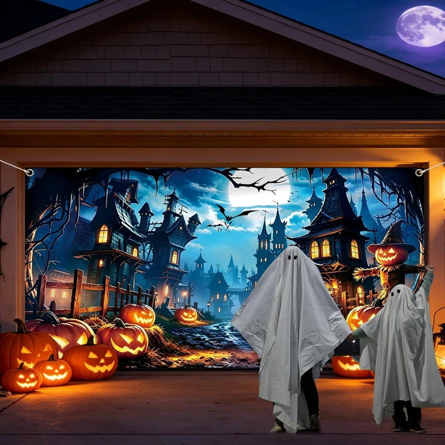 Alt view image 5 of 6 - 6 x 13 FT Halloween Garage Door Cover Banner Large Garage Door Halloween Cover with Haunted House, Pumpkin and Bats, Halloween Decorations for Outdoor Home Yard